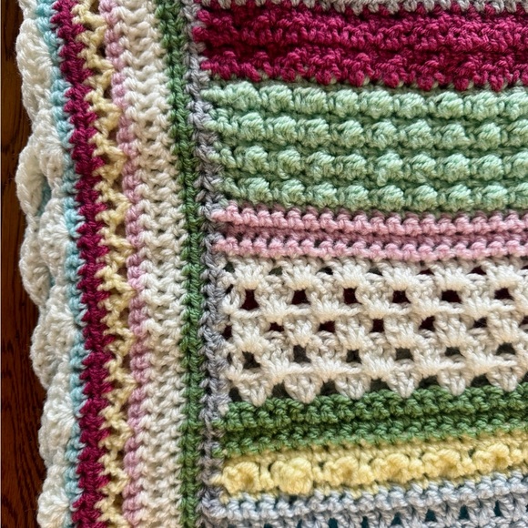 Handmade Crochet Throw Blanket 71”x 48” PastelStriped Textured Afghan
